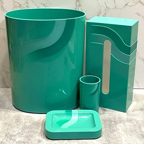 Vintage seafoam teal plastic bathroom accessories waste bin cup soap dish tissue - Picture 1 of 16